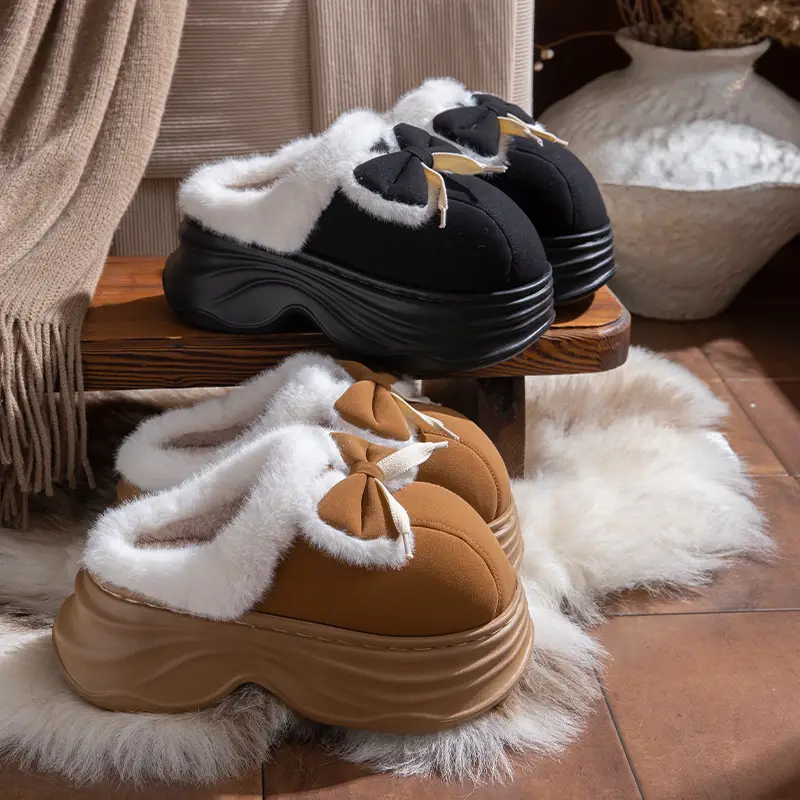 New Warm Non-Slip Bow-Knot Bag Heel Plush Cotton Slippers for Women Winter Simple Couple Home Bag Heel Cotton Shoes - Image 9