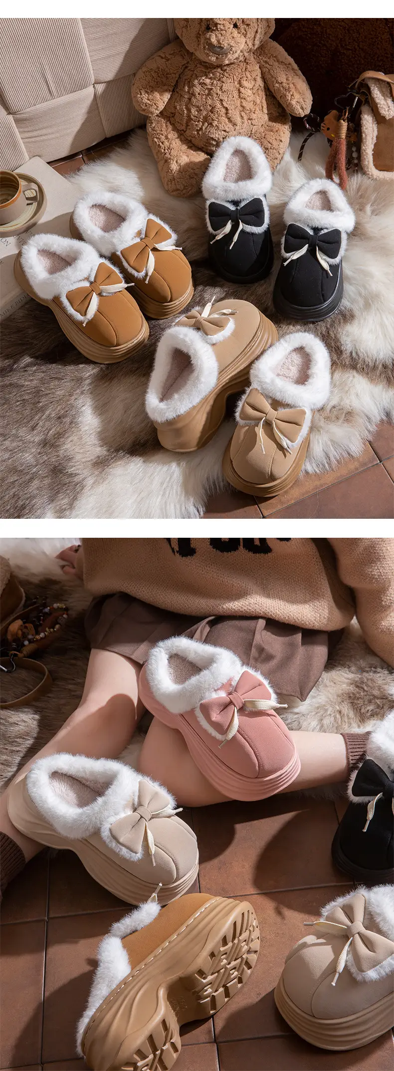 New Warm Non-Slip Bow-Knot Bag Heel Plush Cotton Slippers for Women Winter Simple Couple Home Bag Heel Cotton Shoes — feature 10