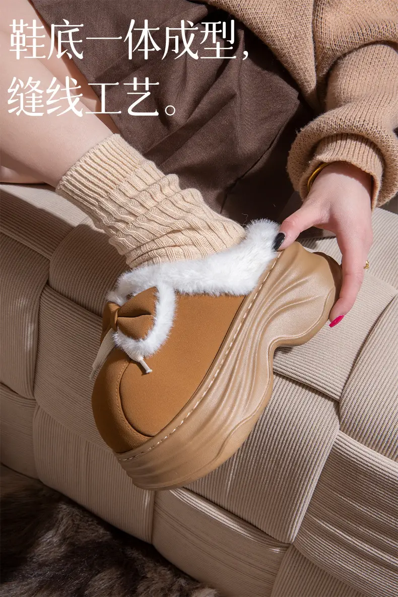 New Warm Non-Slip Bow-Knot Bag Heel Plush Cotton Slippers for Women Winter Simple Couple Home Bag Heel Cotton Shoes — feature 5