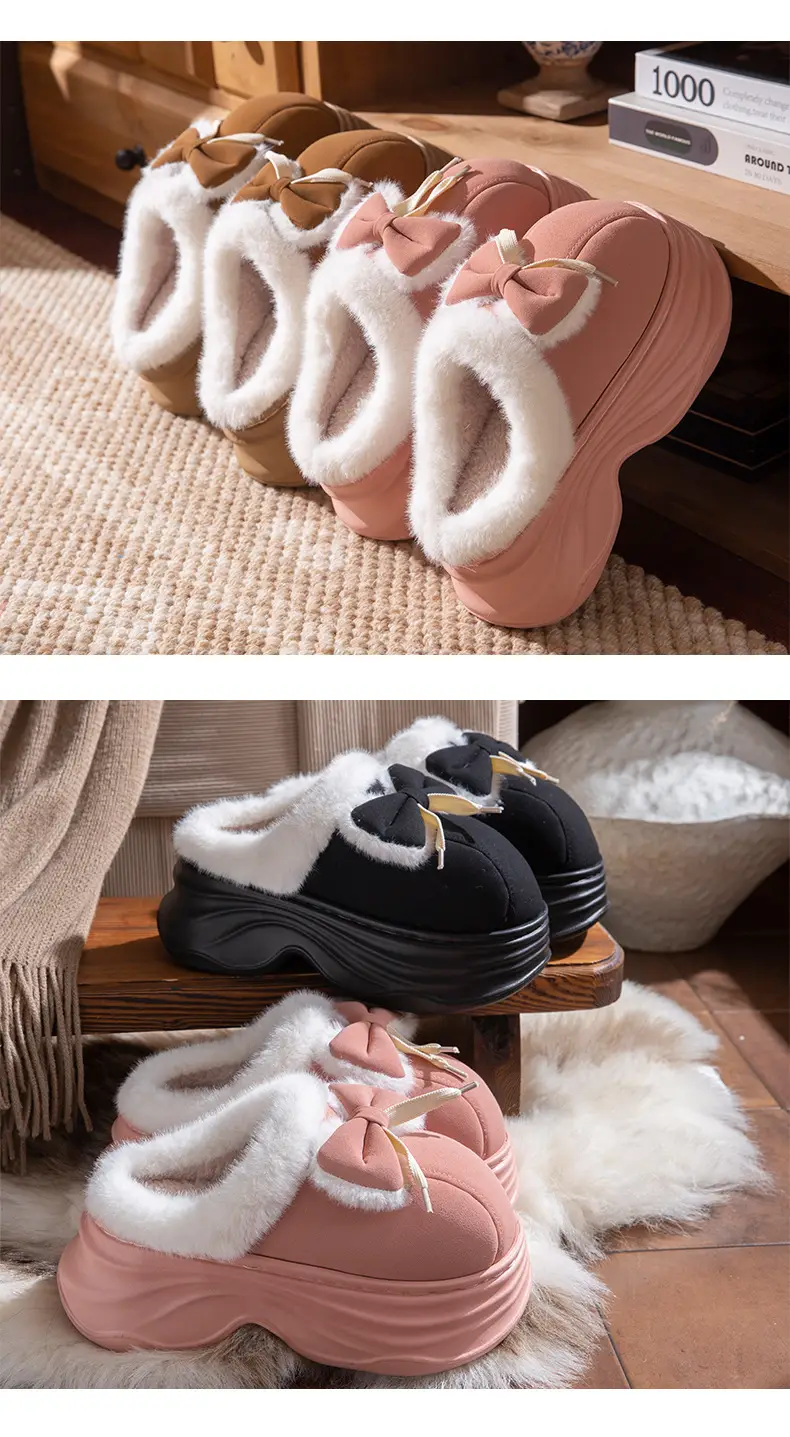 New Warm Non-Slip Bow-Knot Bag Heel Plush Cotton Slippers for Women Winter Simple Couple Home Bag Heel Cotton Shoes — feature 8