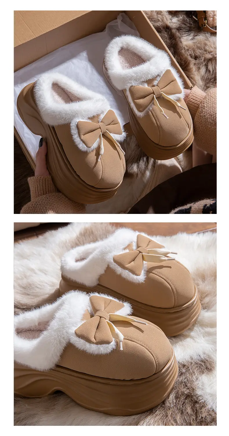New Warm Non-Slip Bow-Knot Bag Heel Plush Cotton Slippers for Women Winter Simple Couple Home Bag Heel Cotton Shoes — feature 9