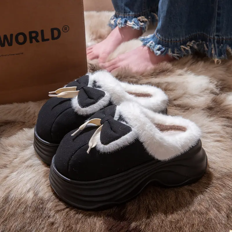 New Warm Non-Slip Bow-Knot Bag Heel Plush Cotton Slippers for Women Winter Simple Couple Home Bag Heel Cotton Shoes - Image 2