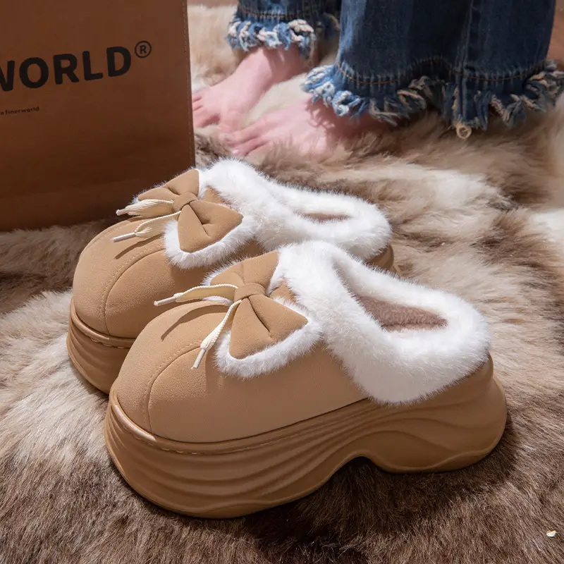 New Warm Non-Slip Bow-Knot Bag Heel Plush Cotton Slippers for Women Winter Simple Couple Home Bag Heel Cotton Shoes - Image 3