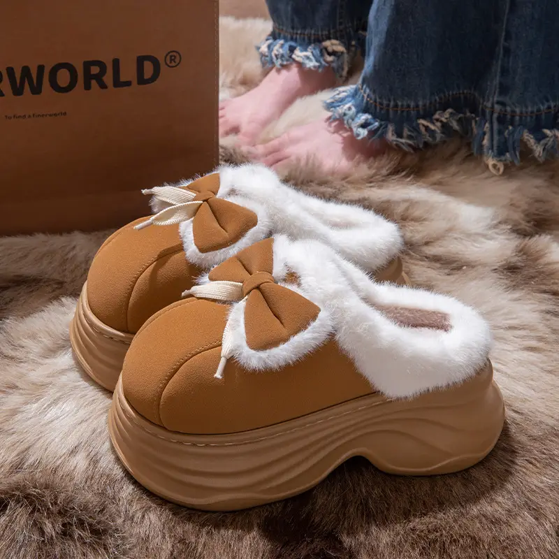 New Warm Non-Slip Bow-Knot Bag Heel Plush Cotton Slippers for Women Winter Simple Couple Home Bag Heel Cotton Shoes - Image 5