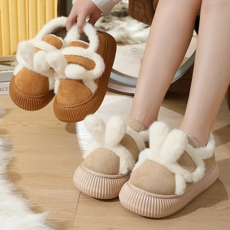 Women Winter Fleece Lined Cotton Slippers Brown - Image 6