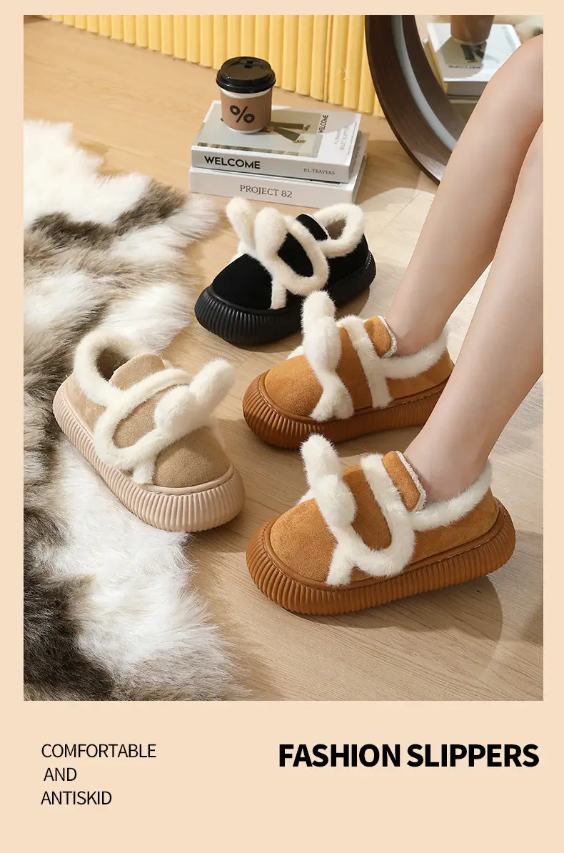 Women Winter Fleece Lined Cotton Slippers Brown — feature 11