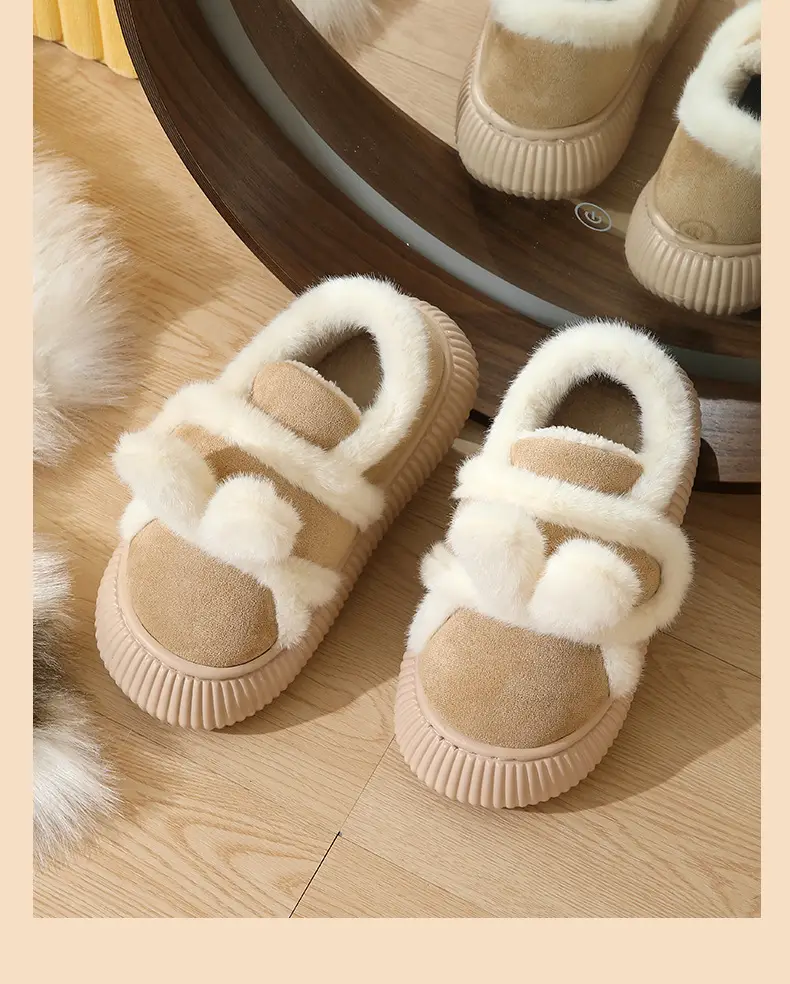 Women Winter Fleece Lined Cotton Slippers Brown — feature 12