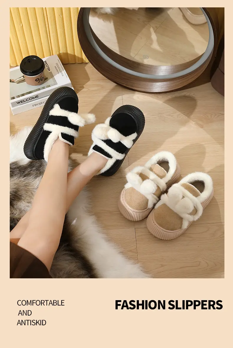 Women Winter Fleece Lined Cotton Slippers Brown — feature 13