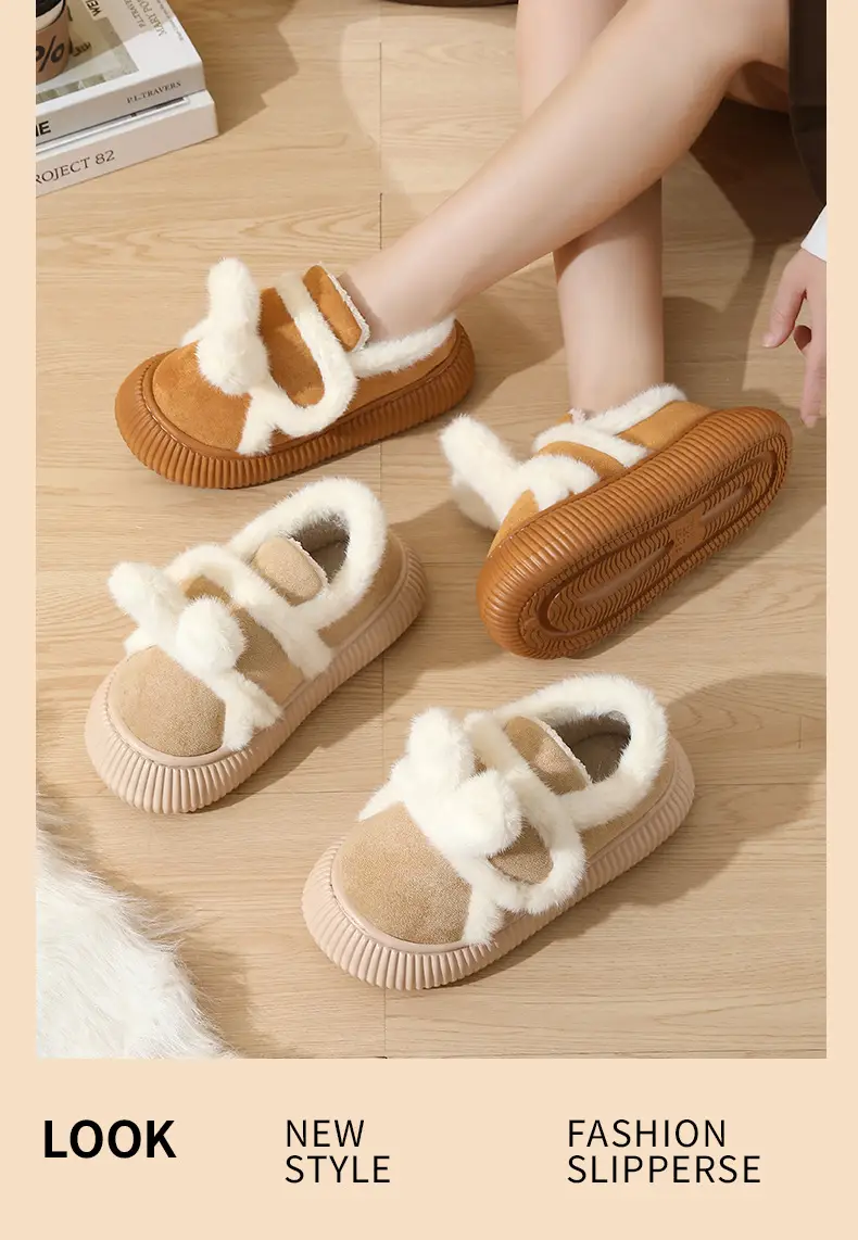 Women Winter Fleece Lined Cotton Slippers Brown — feature 9