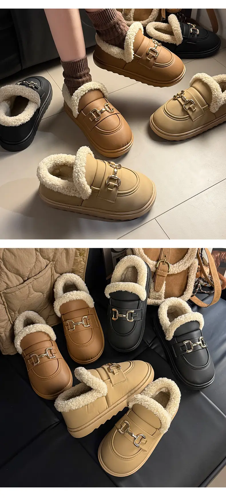 Women Winter Fleece Lined Warm Sole Shoes Tan — feature 10