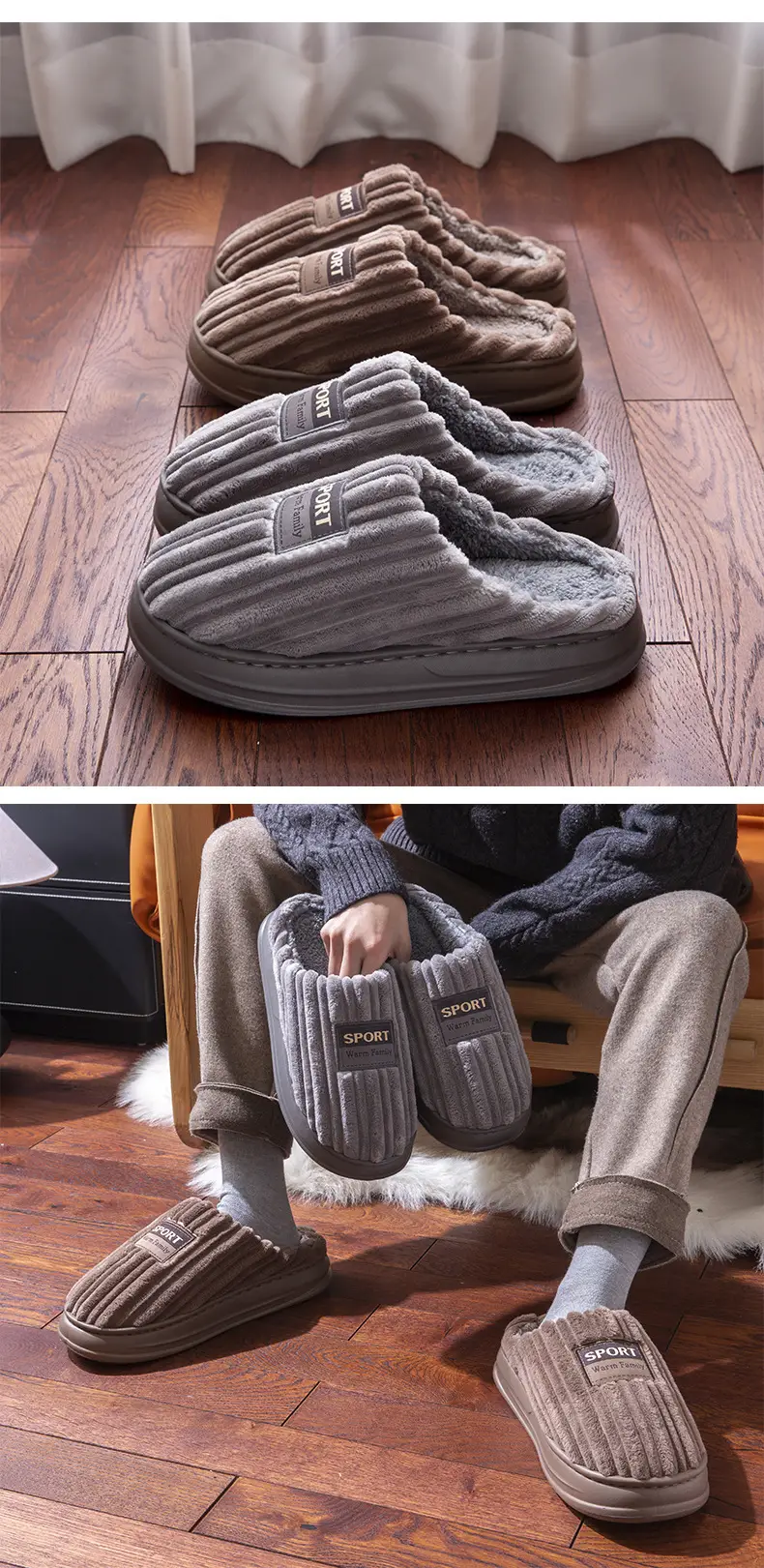 Plus Size Grey Winter Cotton Slippers for Men — feature 9