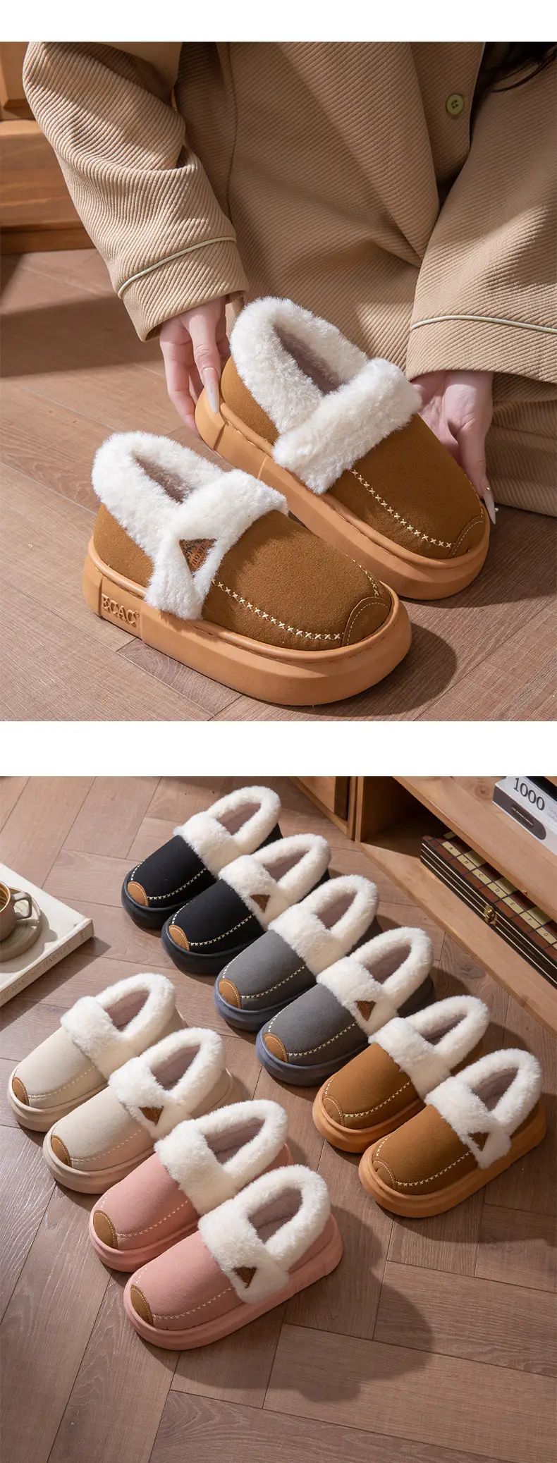 Fashionable Plush Collar Cotton Slippers for Women 2025 Autumn and Winter New Style Indoor Home Fleece-Lined Warm Anti-Slip Thick-Soled Fur Slippers for Men — feature 10