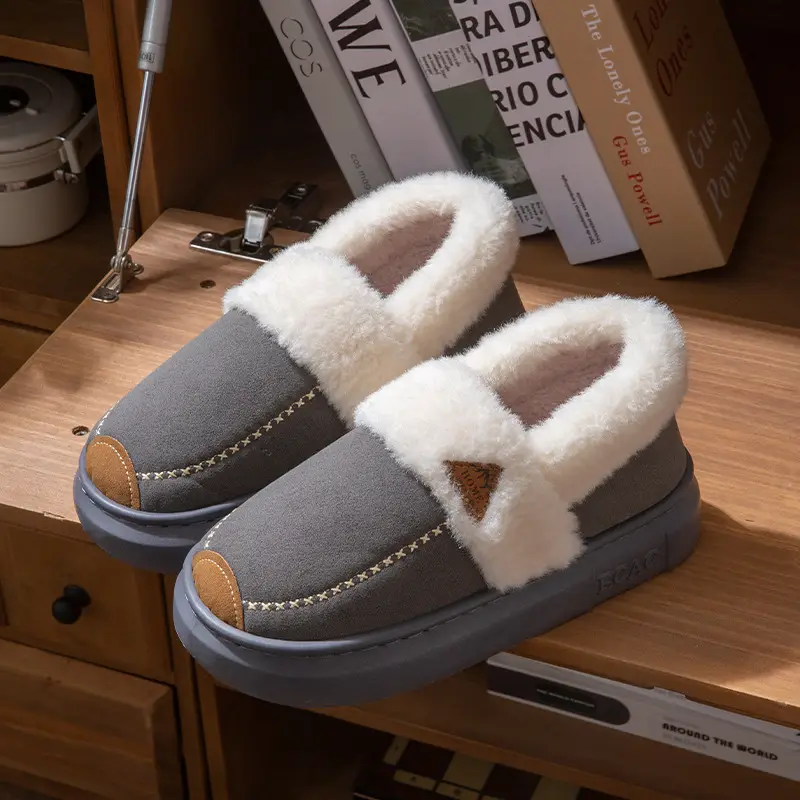 Fashionable Plush Collar Cotton Slippers for Women 2025 Autumn and Winter New Style Indoor Home Fleece-Lined Warm Anti-Slip Thick-Soled Fur Slippers for Men - Image 3