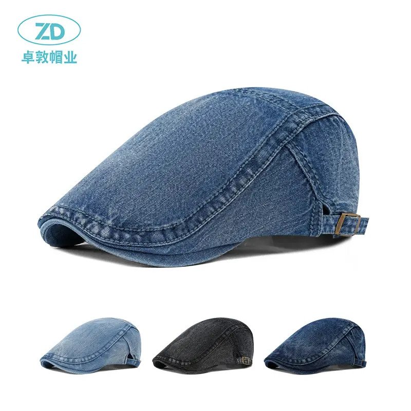 Washed Cotton Denim Forward Cap Retro British Beret Women's Flat Top Painter Duckbill Cap Backwards Worn Baseball Cap - Image 8