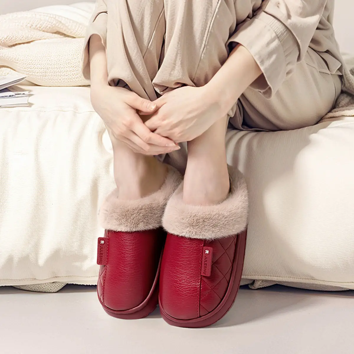 Women Warm Red Fleece-Lined Slippers Winter - Image 9