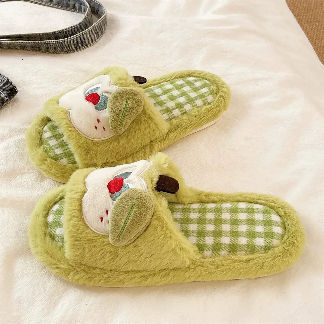 Furry Slippers for Women in Autumn and Winter, Cute Apple Student Dormitory Home Non-Slip Warm One-Word Cotton Slippers - Image 4