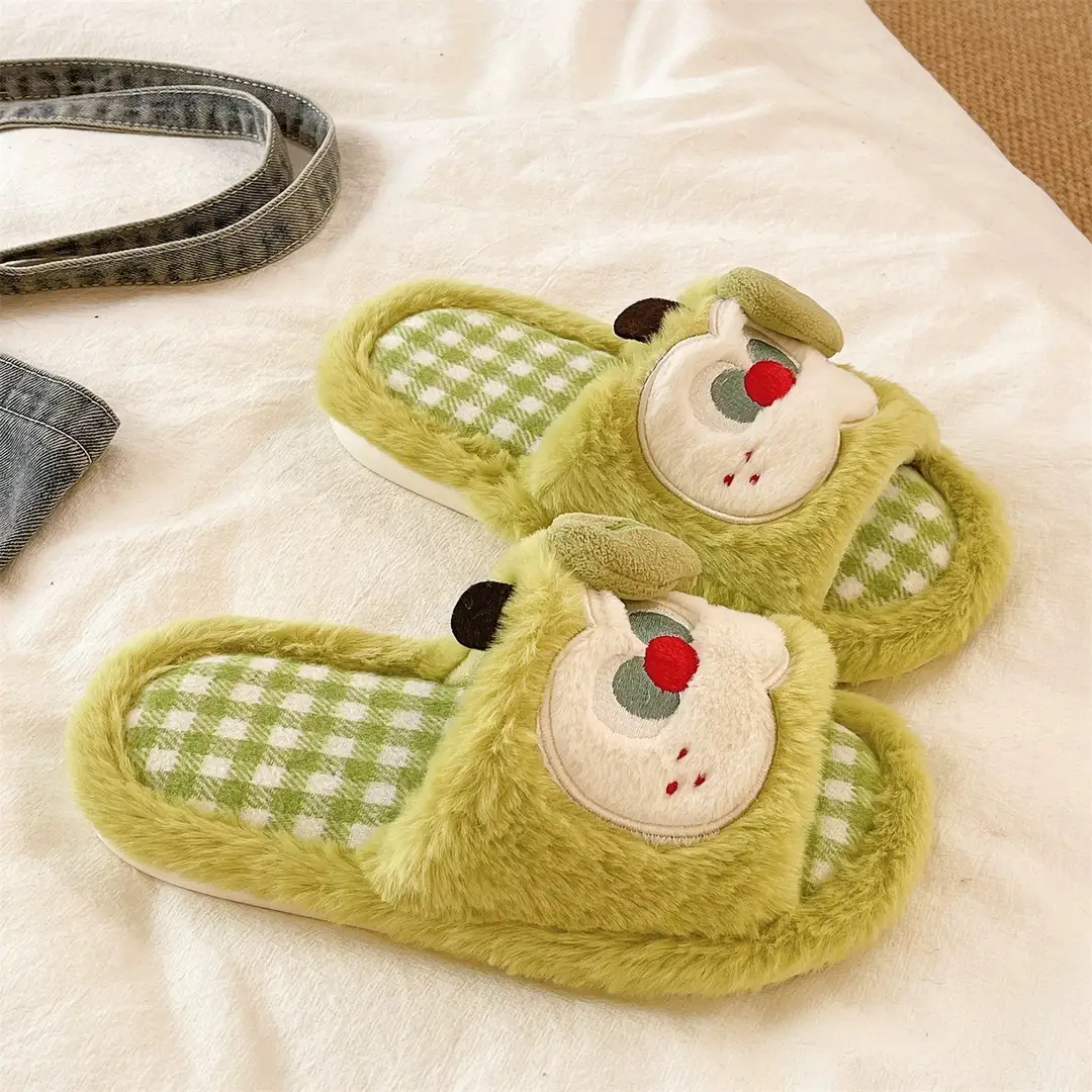 Furry Slippers for Women in Autumn and Winter, Cute Apple Student Dormitory Home Non-Slip Warm One-Word Cotton Slippers - Image 5