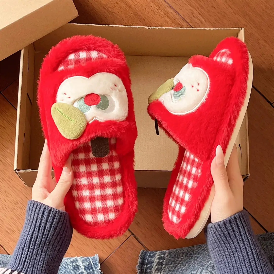 Furry Slippers for Women in Autumn and Winter, Cute Apple Student Dormitory Home Non-Slip Warm One-Word Cotton Slippers - Image 6