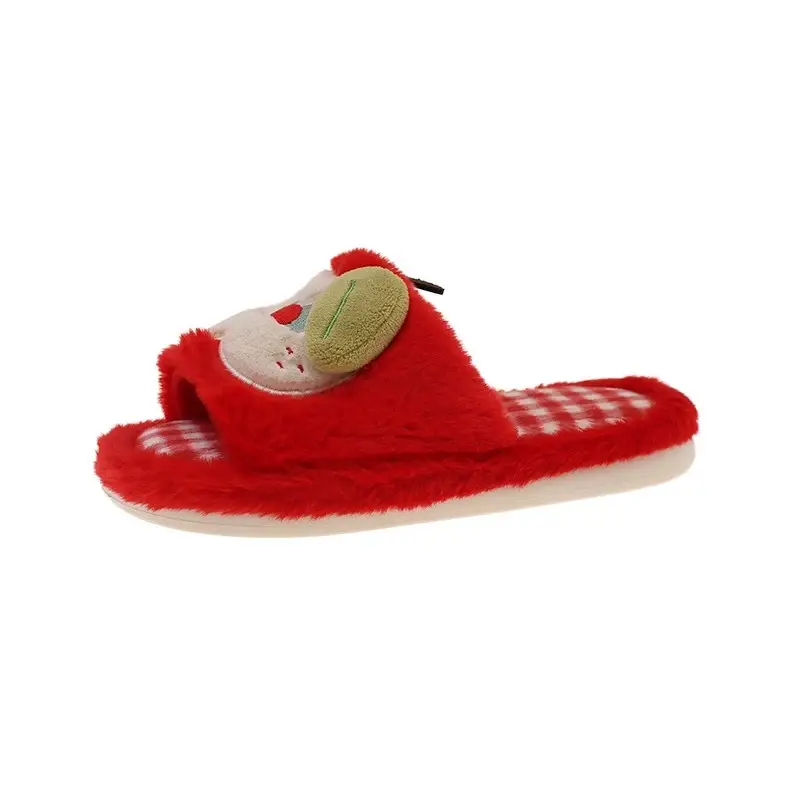 Furry Slippers for Women in Autumn and Winter, Cute Apple Student Dormitory Home Non-Slip Warm One-Word Cotton Slippers - Image 7
