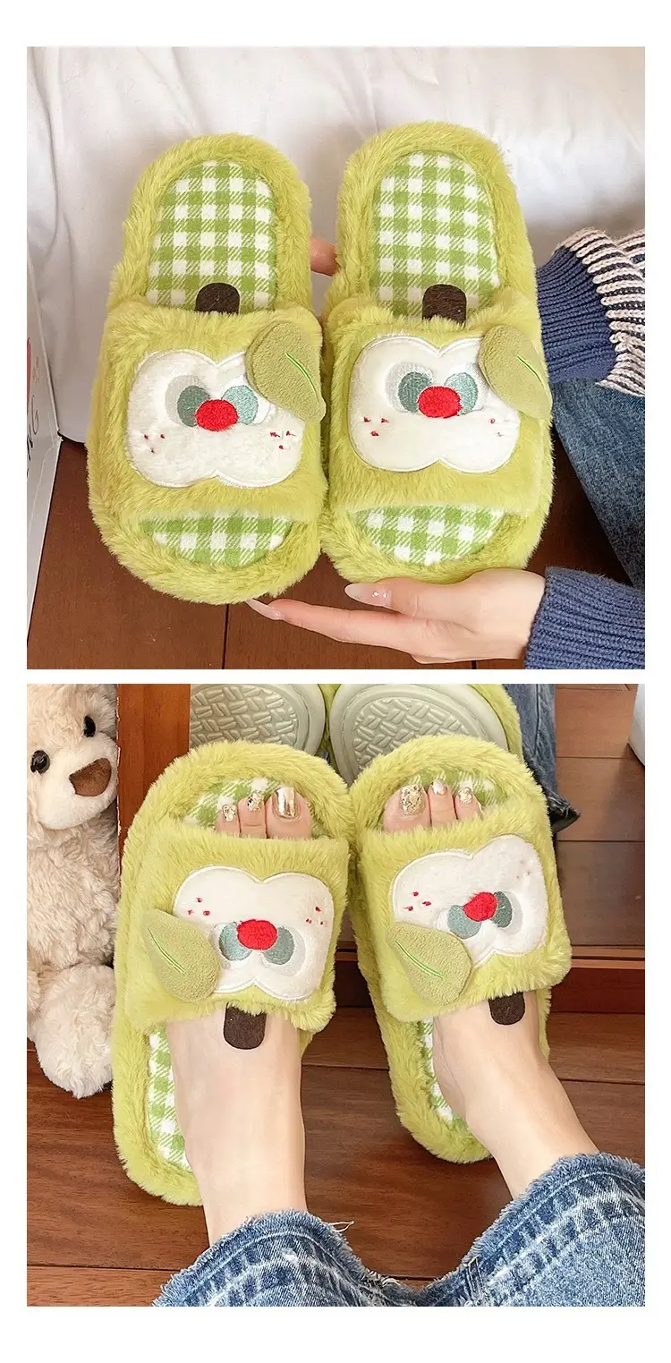 Furry Slippers for Women in Autumn and Winter, Cute Apple Student Dormitory Home Non-Slip Warm One-Word Cotton Slippers — feature 10