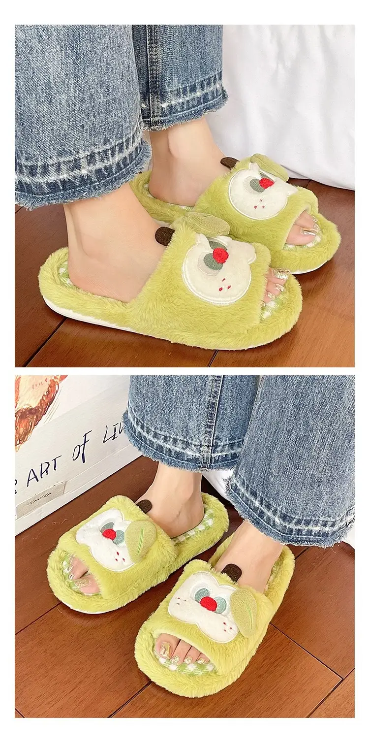 Furry Slippers for Women in Autumn and Winter, Cute Apple Student Dormitory Home Non-Slip Warm One-Word Cotton Slippers — feature 11