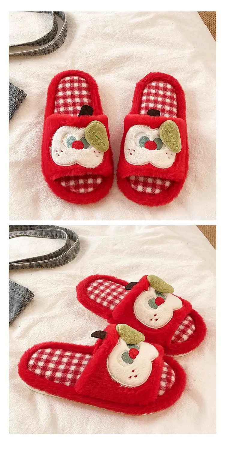 Furry Slippers for Women in Autumn and Winter, Cute Apple Student Dormitory Home Non-Slip Warm One-Word Cotton Slippers — feature 5
