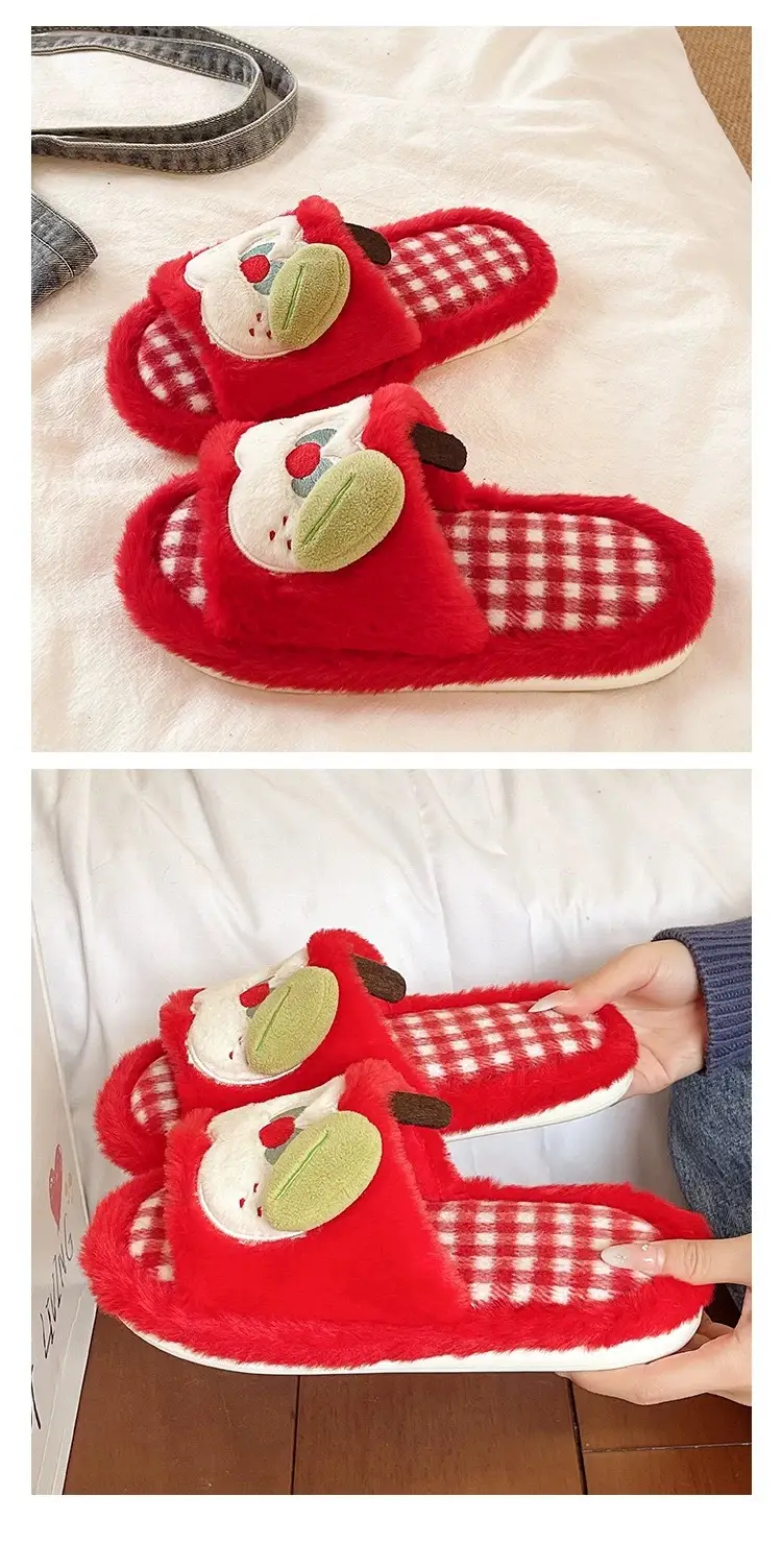 Furry Slippers for Women in Autumn and Winter, Cute Apple Student Dormitory Home Non-Slip Warm One-Word Cotton Slippers — feature 6