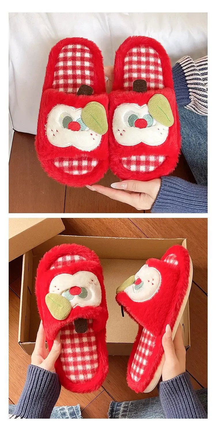 Furry Slippers for Women in Autumn and Winter, Cute Apple Student Dormitory Home Non-Slip Warm One-Word Cotton Slippers — feature 7