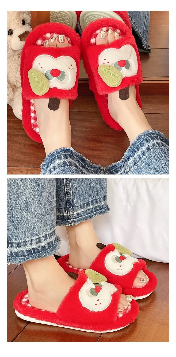 Furry Slippers for Women in Autumn and Winter, Cute Apple Student Dormitory Home Non-Slip Warm One-Word Cotton Slippers — feature 8