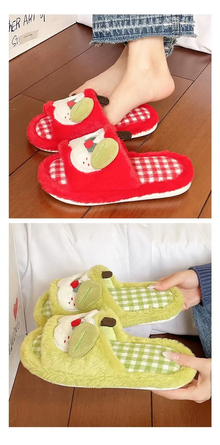 Furry Slippers for Women in Autumn and Winter, Cute Apple Student Dormitory Home Non-Slip Warm One-Word Cotton Slippers — feature 9