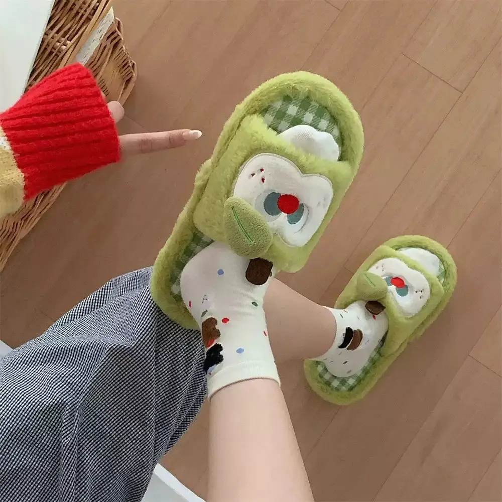 Furry Slippers for Women in Autumn and Winter, Cute Apple Student Dormitory Home Non-Slip Warm One-Word Cotton Slippers - Image 2