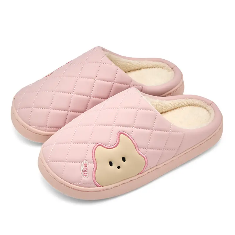 Women Waterproof PU Slippers Pink Warm Comfortable - Image 2