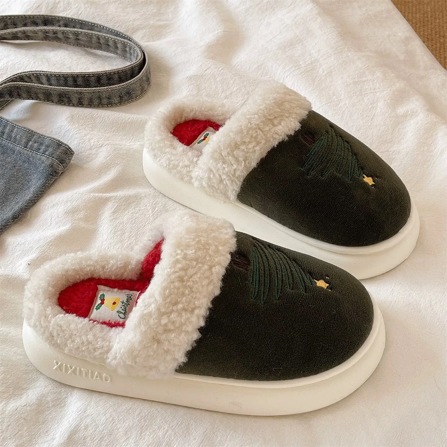 Christmas Tree Furry Slippers Women Winter Warm Cotton Indoor - Image 4