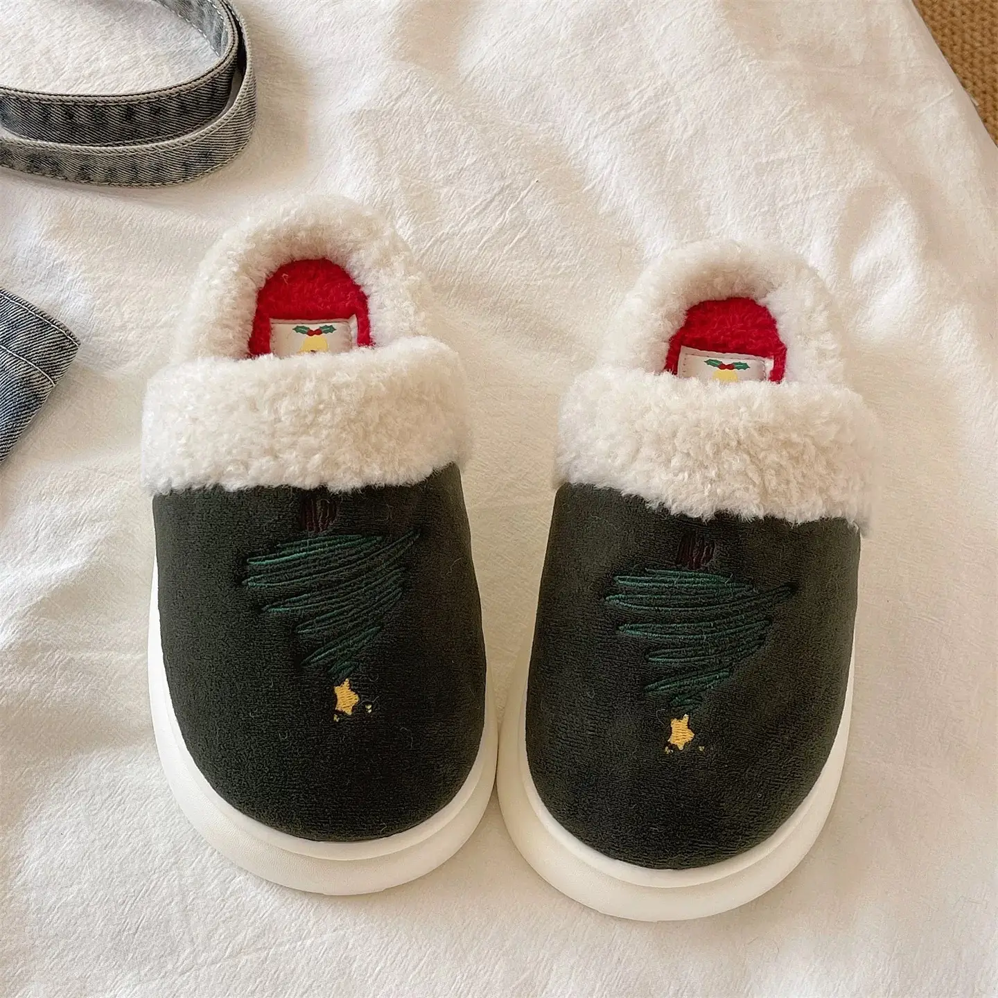 Christmas Tree Furry Slippers Women Winter Warm Cotton Indoor - Image 5
