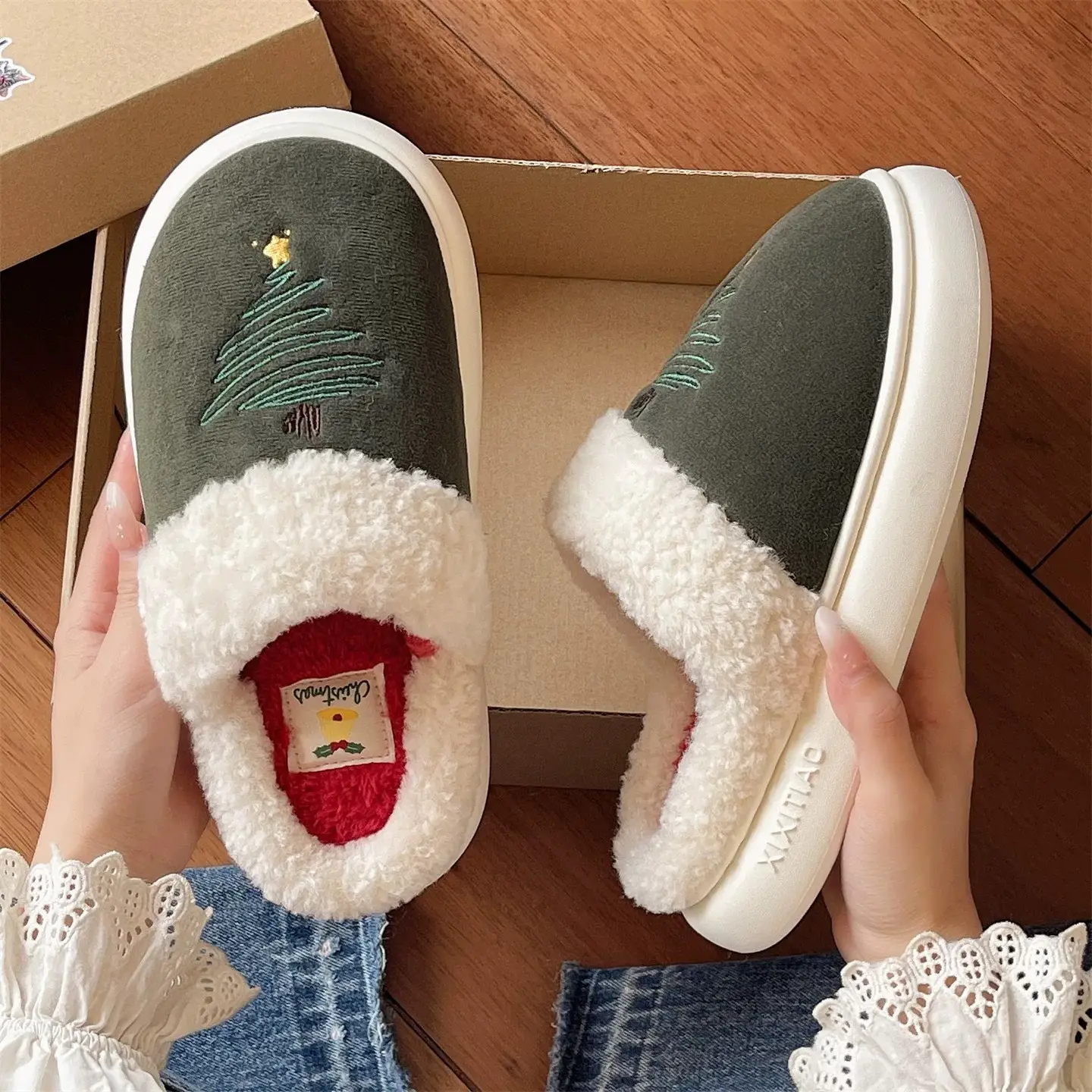 Christmas Tree Furry Slippers Women Winter Warm Cotton Indoor - Image 6