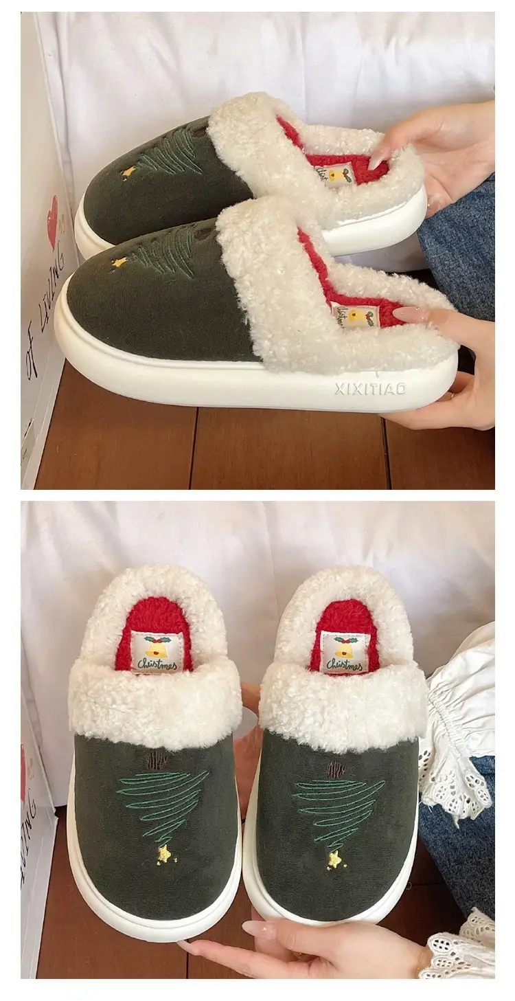 Christmas Tree Furry Slippers Women Winter Warm Cotton Indoor — feature 2