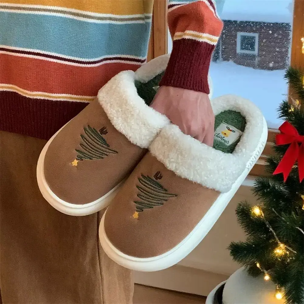 Christmas Tree Furry Slippers Women Winter Warm Cotton Indoor - Image 2