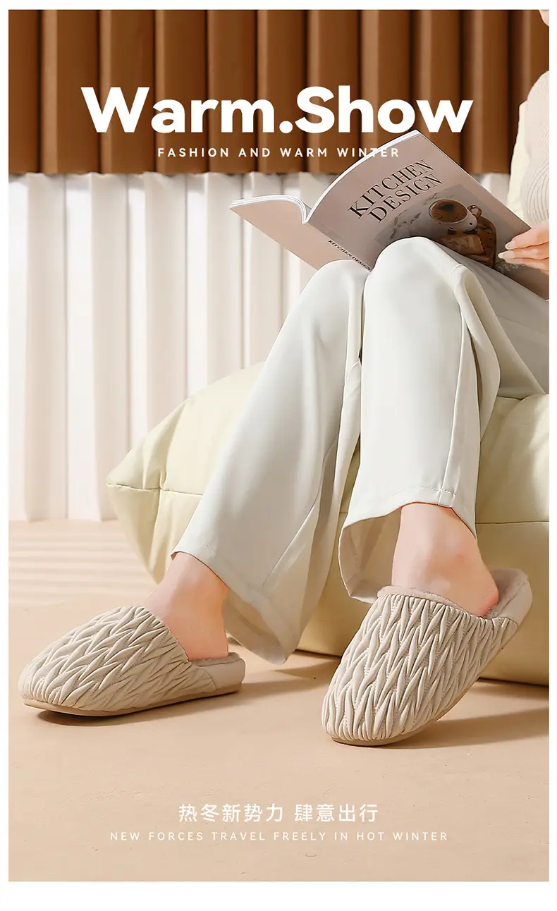 Pink Pleated Cotton Slippers for Women Winter Indoor Warm Waterproof — feature 1