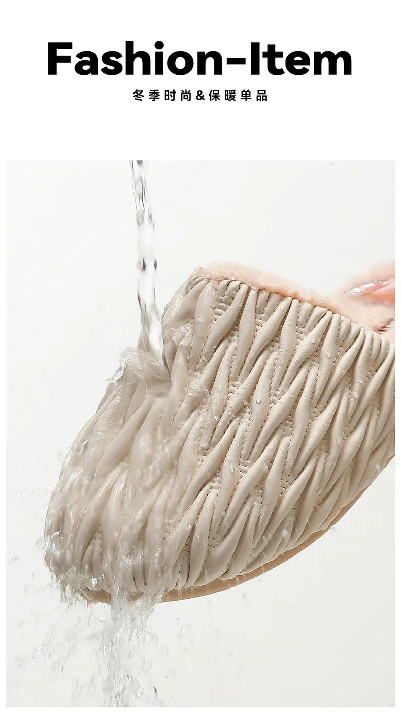 Pink Pleated Cotton Slippers for Women Winter Indoor Warm Waterproof — feature 2