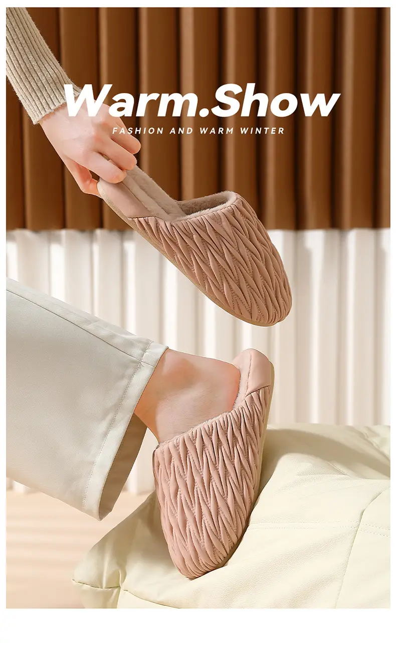 Pink Pleated Cotton Slippers for Women Winter Indoor Warm Waterproof — feature 3
