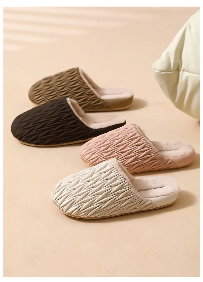 Pink Pleated Cotton Slippers for Women Winter Indoor Warm Waterproof — feature 8