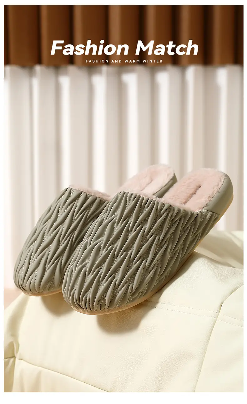 Pink Pleated Cotton Slippers for Women Winter Indoor Warm Waterproof — feature 9