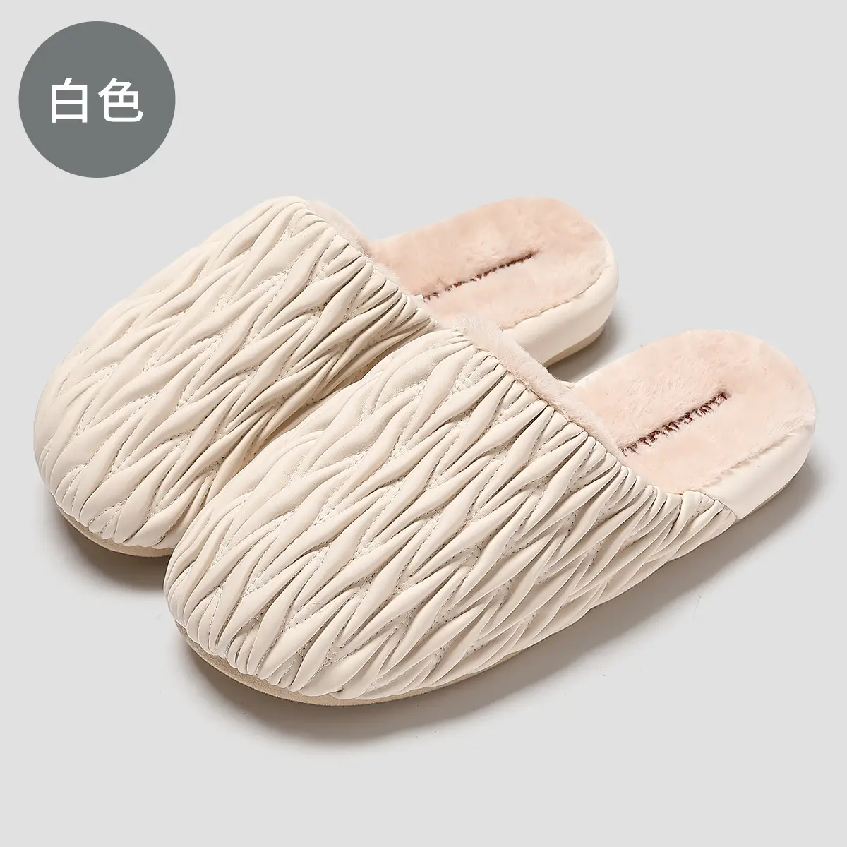 Pink Pleated Cotton Slippers for Women Winter Indoor Warm Waterproof - Image 2