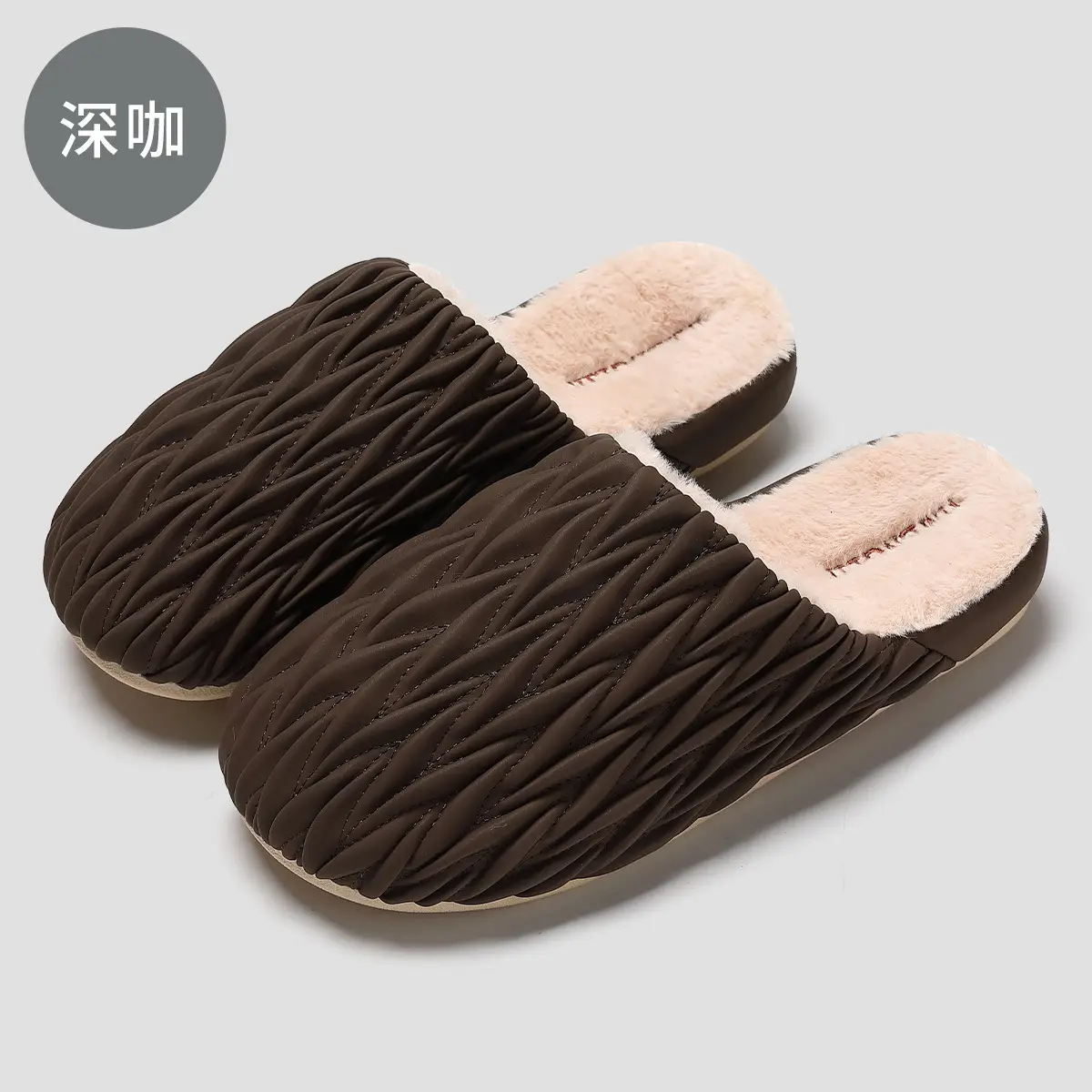 Pink Pleated Cotton Slippers for Women Winter Indoor Warm Waterproof - Image 3