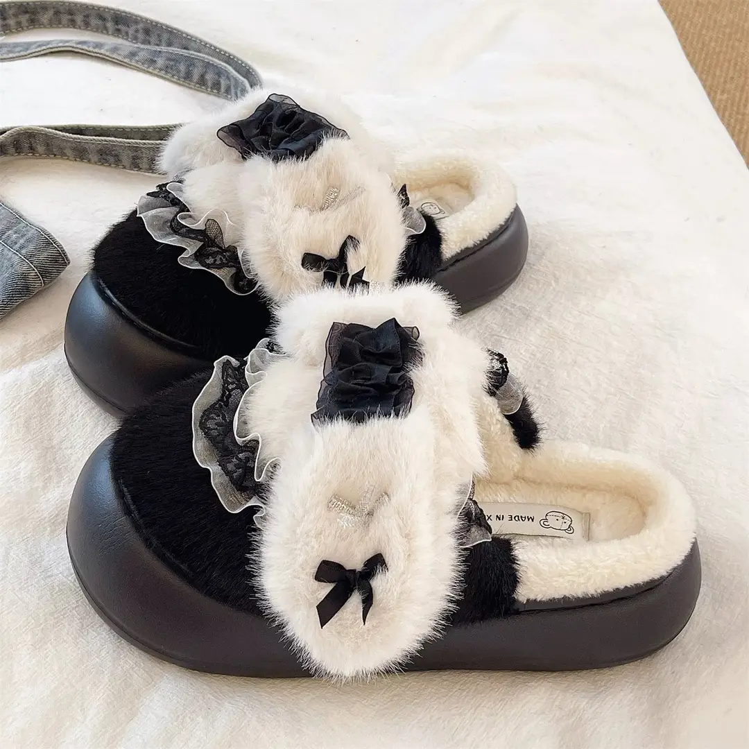 Cute Lace Bow Toe Cotton Slippers for Women in Winter Fleece-Lined to Keep Warm at Home and Outside Non-Slip Furry Slippers - Image 3