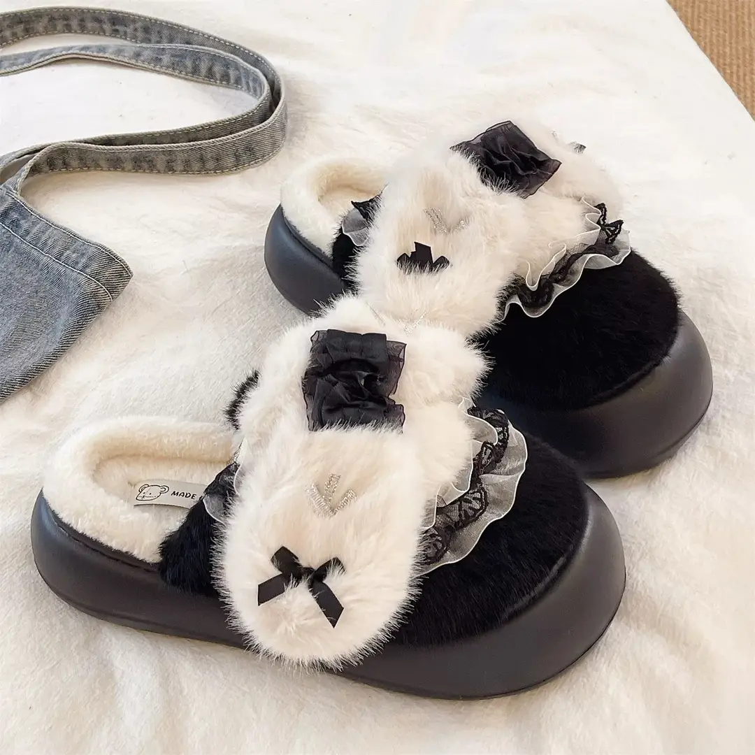 Cute Lace Bow Toe Cotton Slippers for Women in Winter Fleece-Lined to Keep Warm at Home and Outside Non-Slip Furry Slippers - Image 4