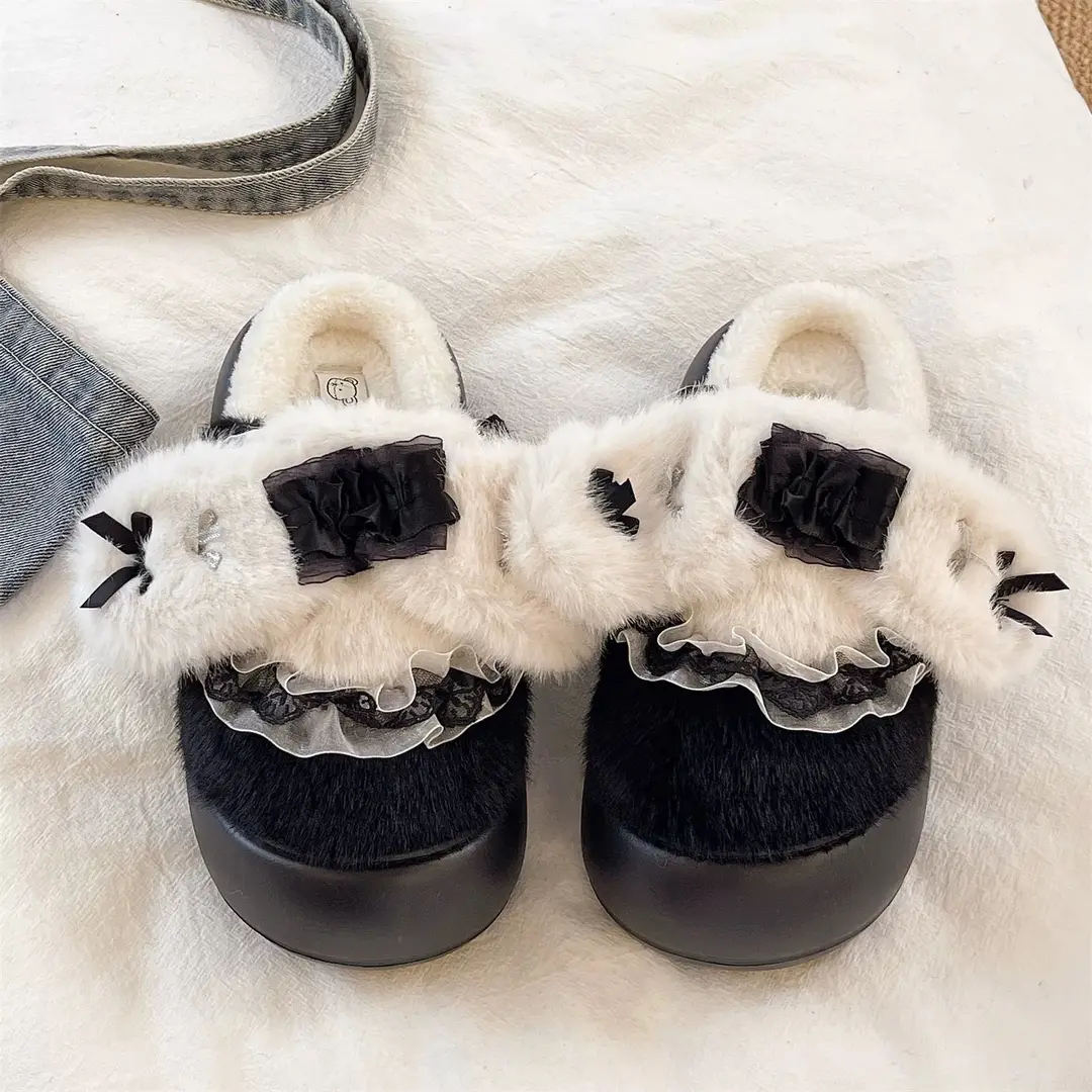 Cute Lace Bow Toe Cotton Slippers for Women in Winter Fleece-Lined to Keep Warm at Home and Outside Non-Slip Furry Slippers - Image 5