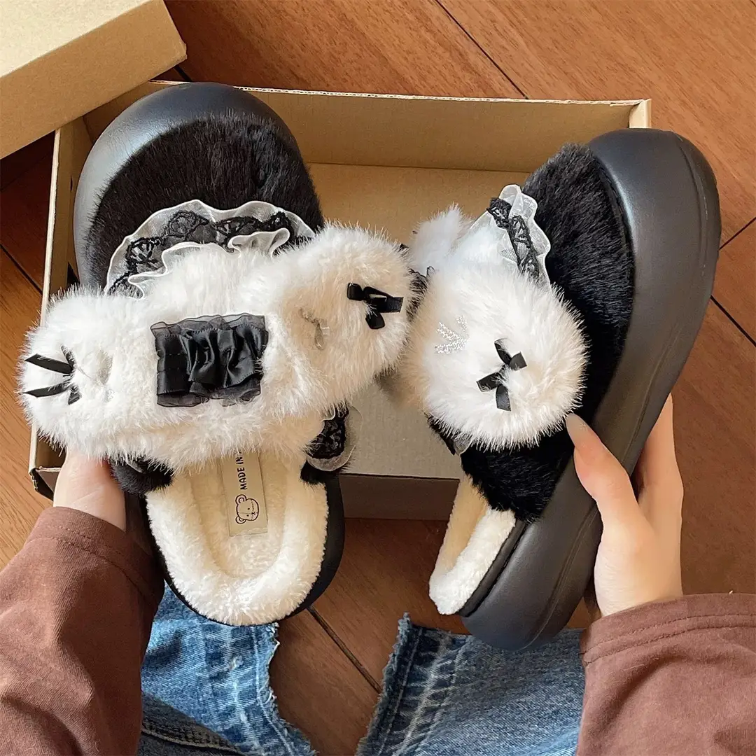Cute Lace Bow Toe Cotton Slippers for Women in Winter Fleece-Lined to Keep Warm at Home and Outside Non-Slip Furry Slippers - Image 6