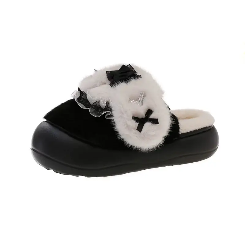 Cute Lace Bow Toe Cotton Slippers for Women in Winter Fleece-Lined to Keep Warm at Home and Outside Non-Slip Furry Slippers - Image 7