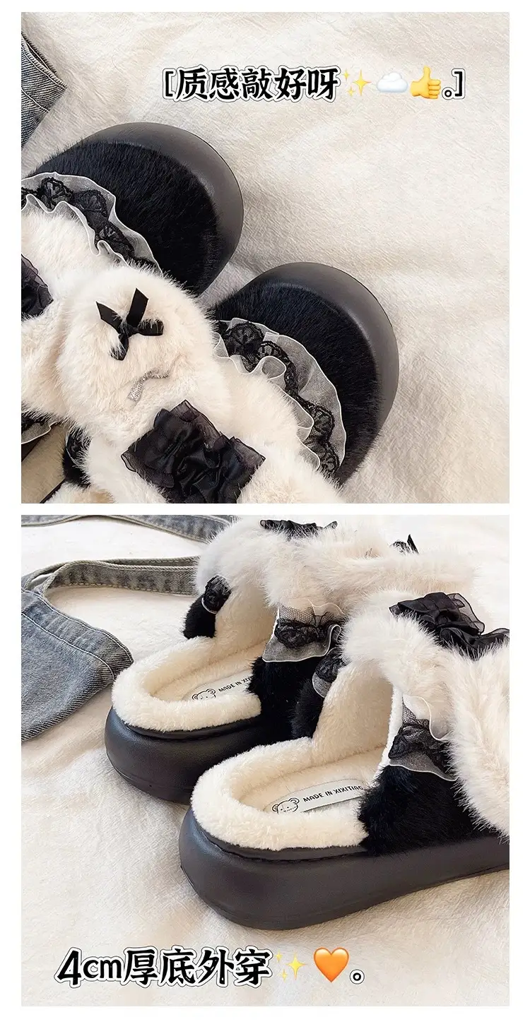 Cute Lace Bow Toe Cotton Slippers for Women in Winter Fleece-Lined to Keep Warm at Home and Outside Non-Slip Furry Slippers — feature 3